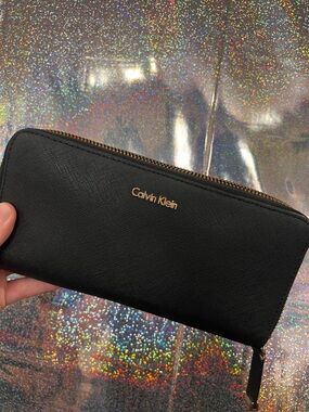 Calvin Klein Black Saffiano Zip Around Wallet Gold Hardware